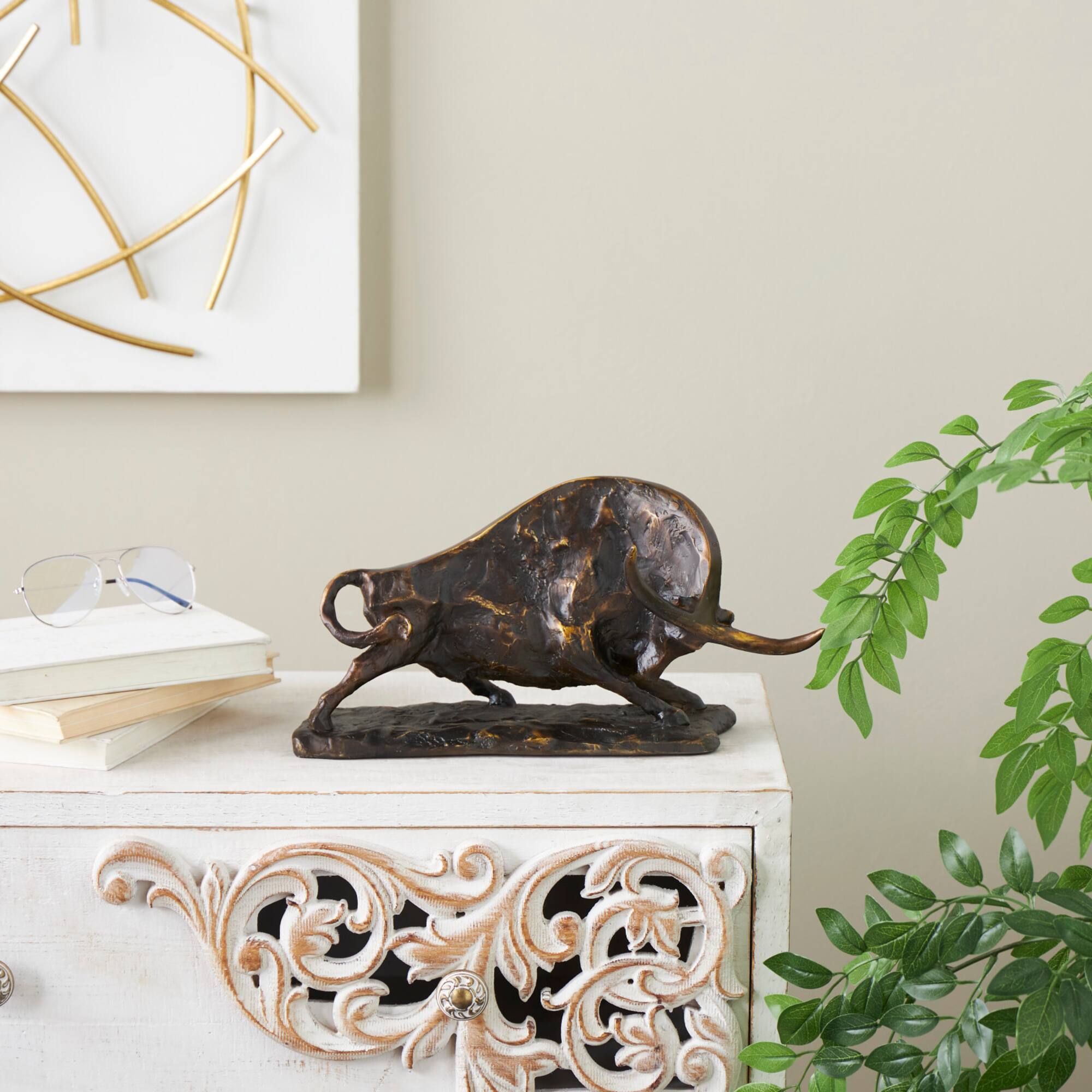 14.5" Black Polystone Bull Distressed Textured Decorative Sculpture with Gold Accents